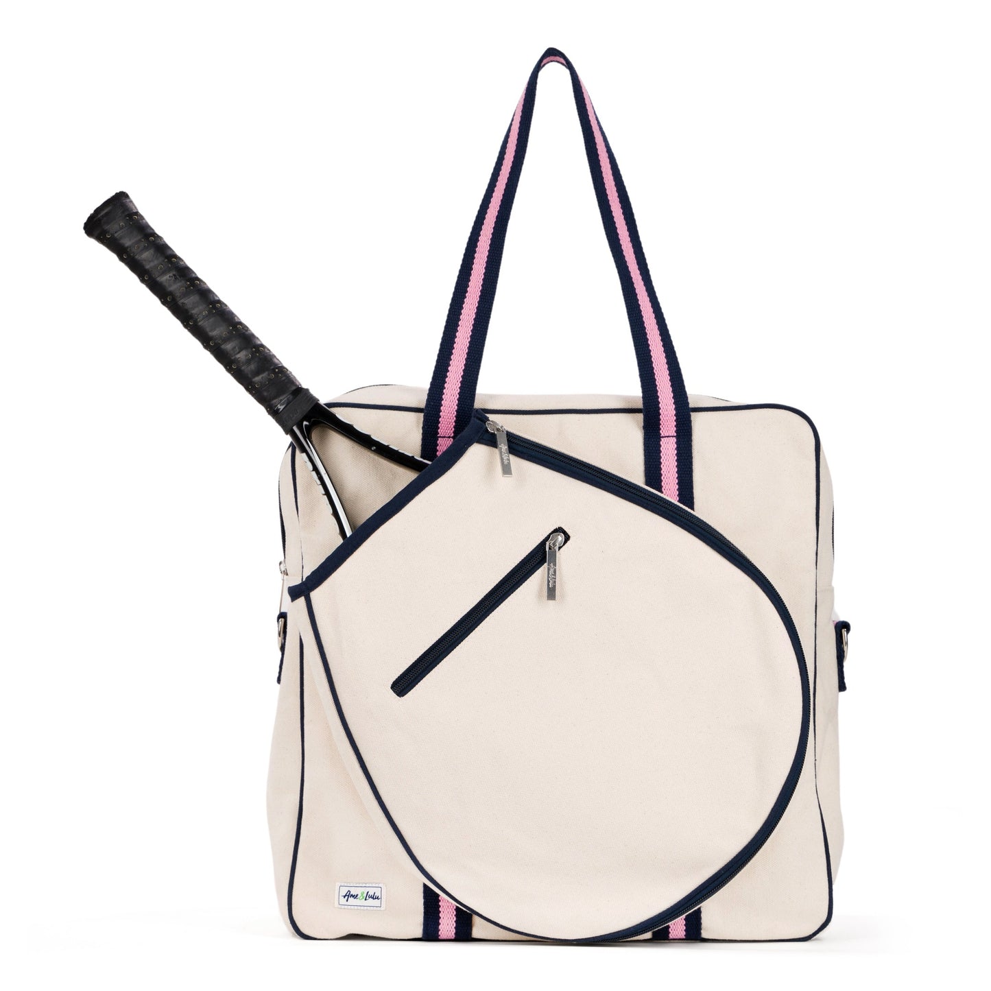 Ame & Lulu Hamptons Tennis Bag in white with blue and pink border on Tennis DuJour.