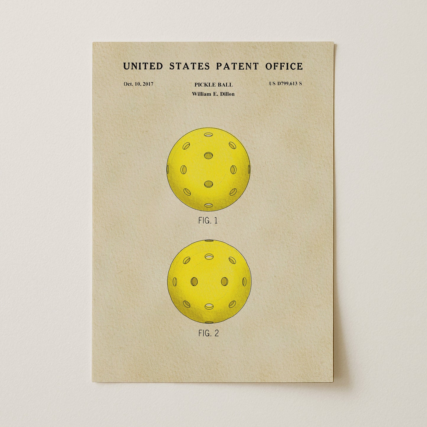 United States Patent Office pickle ball patent illustration on a beige background