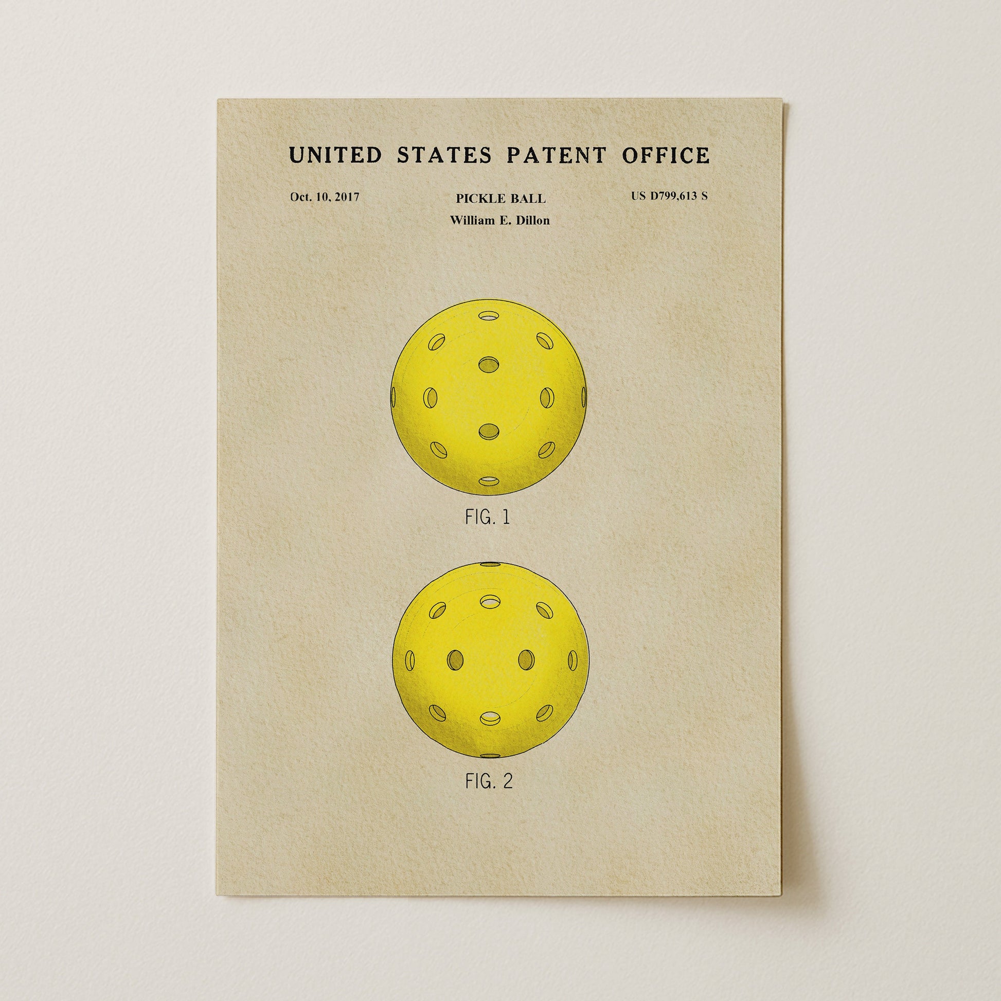United States Patent Office pickle ball patent illustration on a beige background