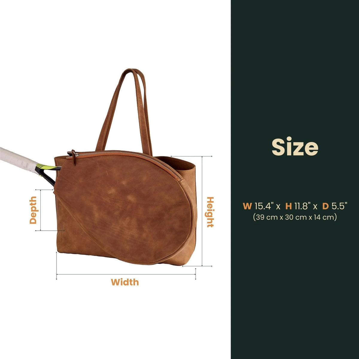 Genuine leather bag with removable tennis racket cover.