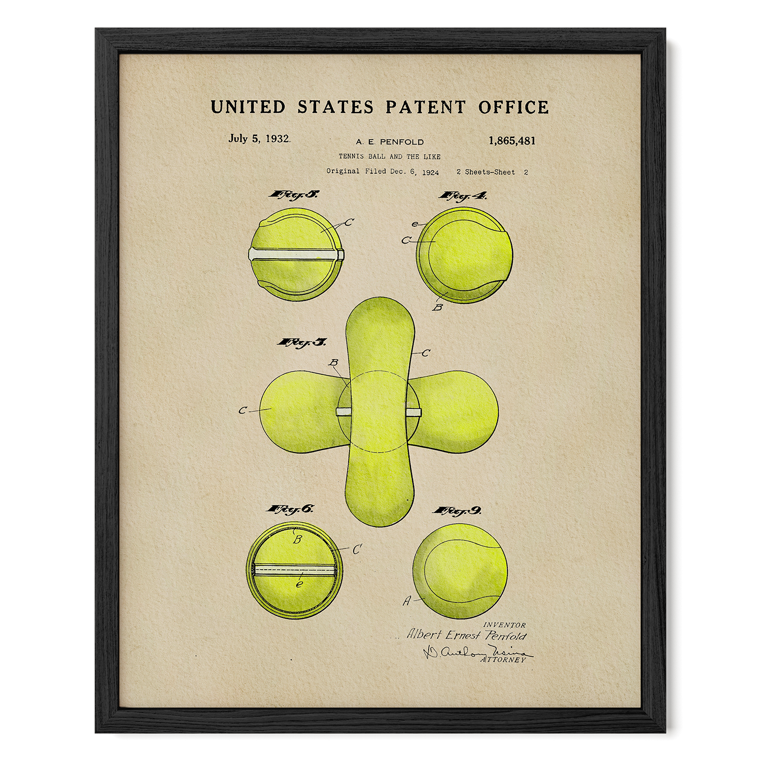 Framed United States Patent Office poster with tennis ball design illustration on beige background