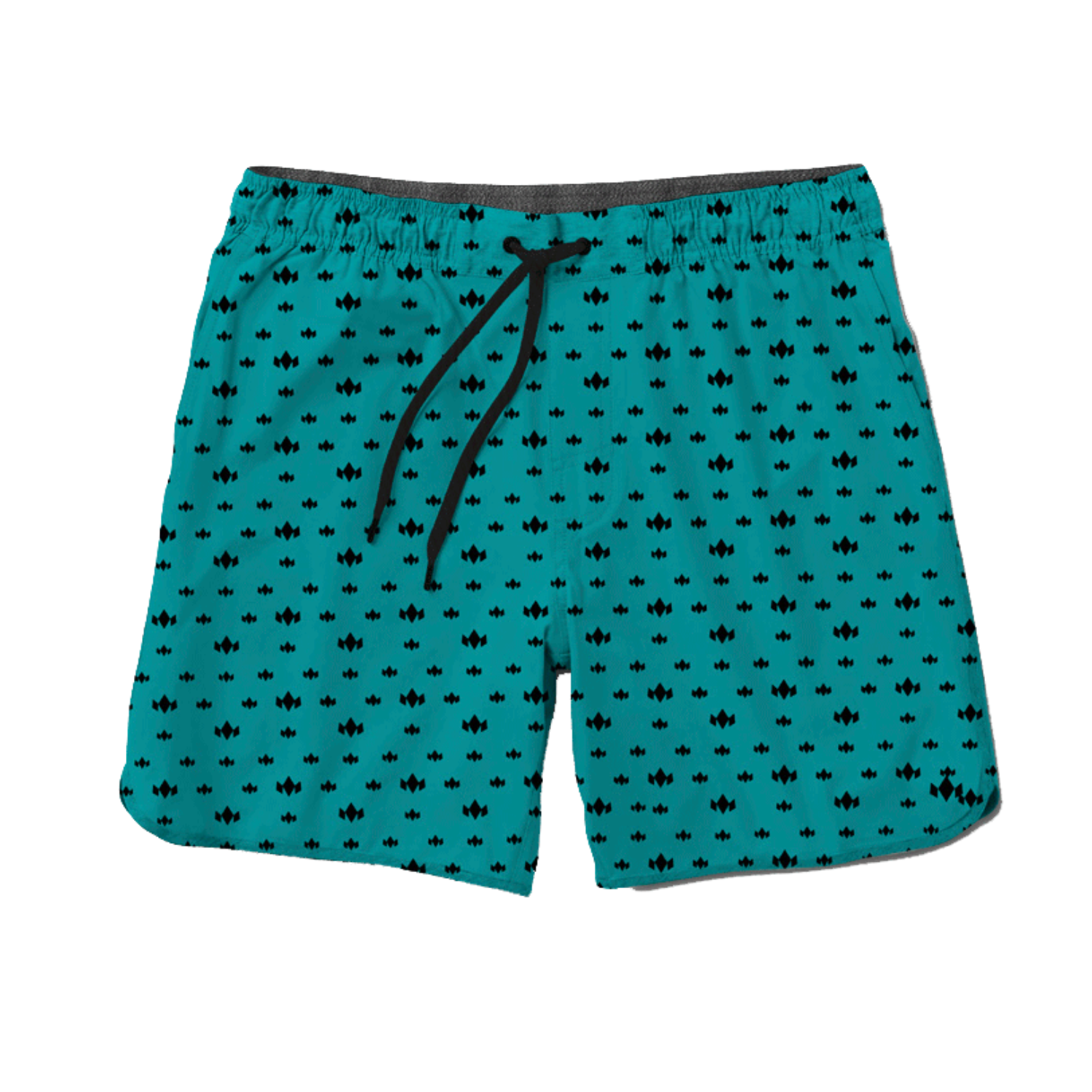 Teal shorts with black pattern on a white background